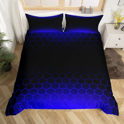 Miniatura 32 de Funda de edredón hexagonal verde estereoscópica de nido de abeja para niños, diseño geométrico de colmena, funda de edredón geométrica de panal