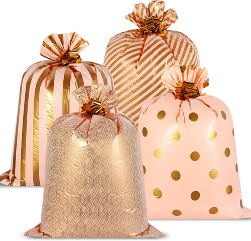 Fulmoon 4 bolsas de regalo jumbo de 48 pulgadas, bolsas doradas extra grandes con flores de extracción, regalo gigante de plástico de gran tamaño