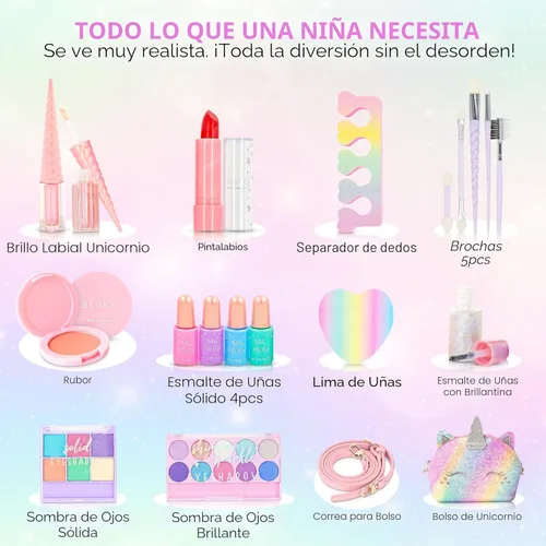 Miniatura 3 de Kit de maquillaje real para niñas: sin talco, juego de maquillaje lavable con bolso de unicornio, regalo de juguete para niñas pequeñas y niñas