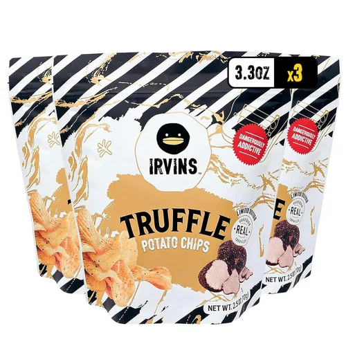 IRVINS Patatas fritas de trufa, cocidas a mano, ingredientes enteros, peligrosamente adictivas, aperitivo gourmet, trufa negra, crujiente, no