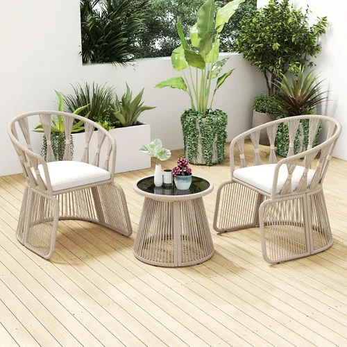 Miniatura 2 de Tangkula - Juego de 3 piezas de sillas de ocio para patio, sillas con cojín trenzado al aire libre y juego de mesa con tablero de vidrio templado