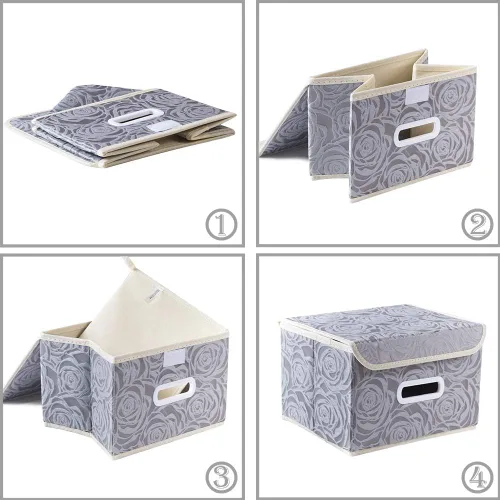 Miniatura 4 de PRANDOM Cajas de almacenamiento apilables con tapas [paquete de 5] cubos de almacenamiento decorativos de tela, canastas organizadoras con asas
