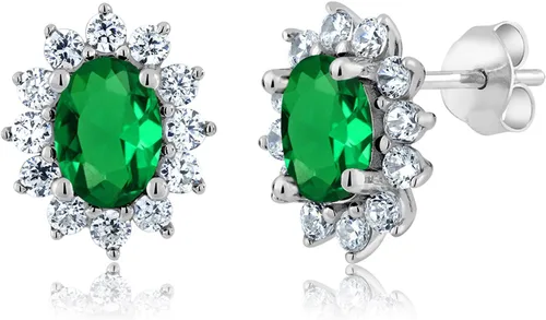 Miniatura 182 de Gem Stone King Aretes ovalados de plata de ley 925 de 0.276 x 0.197 in con piedra natal de la princesa Diana, estilo halo real para mujeres