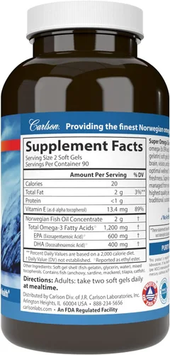 Miniatura 2 de Carlson - Gemas Super Omega-3, 1200 mg de Omega-3, Apoyo Cardiovascular, Función Cerebral y Salud de la Visión, Noruego, 180 geles blandos