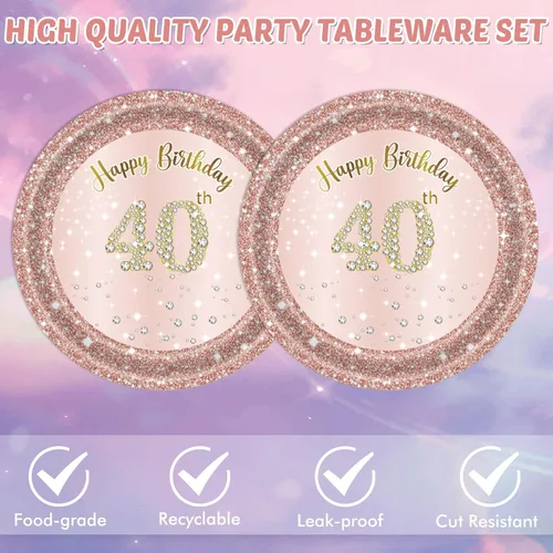 Miniatura 4 de Juego de 40 platos y servilletas de 40 cumpleaños para mujeres, juego de vajilla desechable para fiesta de 40 años de edad para decoración de 40º