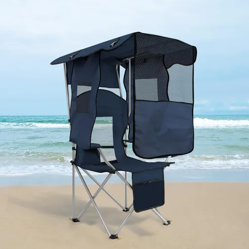 Miniatura 9 de ptlsy Silla de playa con toldo de sombra, silla de camping plegable para adultos con portavasos, bolsa enfriadora para campamento, pesca, playa, Azul