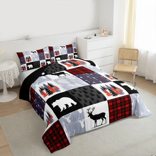 Miniatura 4 de Juego de Funda de Edredón para Adolescentes con Motivo de Caza de Alces y Venados, Juego de Ropa de Cama Navideño con Árboles y Enredaderas de Osos