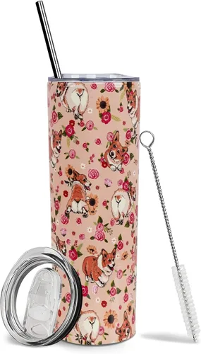 Miniatura 50 de Vaso de viaje aislado de acero inoxidable de 20 onzas, diseño de pug con tapa y popote X-DOG-95