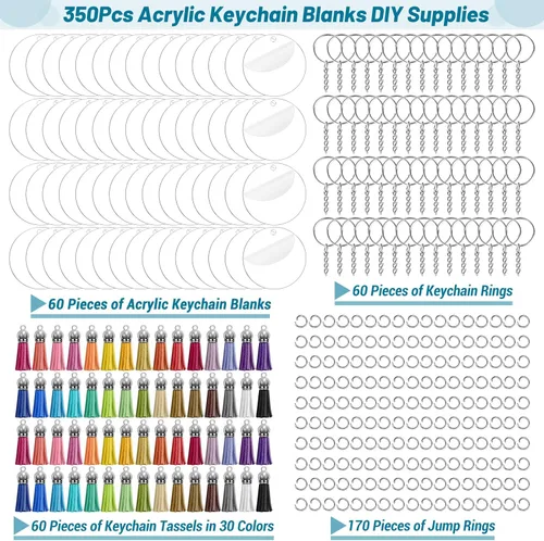 Miniatura 2 de 350 llaveros acrílicos en blanco Cludoo Clear Acrylic Ornament en blanco para vinilo con 60 piezas en blanco, 60 borlas de llavero, 170 anillos