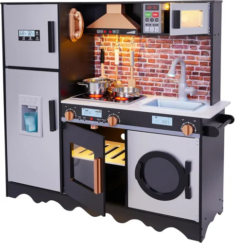 Lil' Jumbl Jumbl - Juego de cocina para niños, cocina de madera de simulación, máquina de hielo a pilas, microondas, campana extractora, estufa,