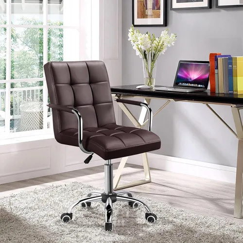 Miniatura 2 de Yaheetech Silla de Escritorio de Tareas de Cuero PU con Respaldo Medio, Silla Giratoria Moderna y Ajustable para Oficina en Casa con Ruedas Suaves