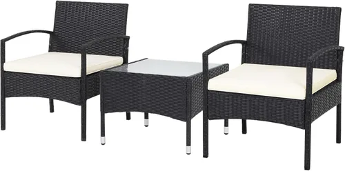 Tangkula Juego de 3 piezas de mimbre para patio, juego de bistró de mimbre para exteriores con 2 sillas y 1 mesa auxiliar, mesa de vidrio templado,