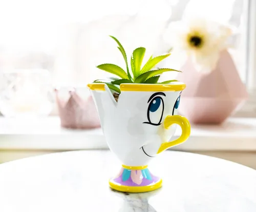 Miniatura 2 de Silver Buffalo Disney Beauty and The Beast Chip - Mini maceta de cerámica de 3 pulgadas con suculentas artificiales, maceta pequeña, plantas