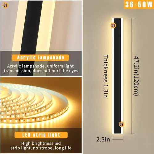 Miniatura 2 de Luz de pared exterior moderna de 47 pulgadas, accesorios de iluminación exterior de acrílico negro de 3000K, montaje en pared, luces de porche