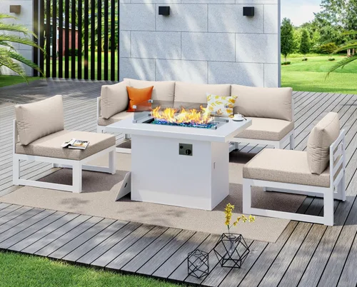 Miniatura 3 de NICESOUL® Juego de 6 piezas de muebles modernos de aluminio extra grandes para patio con mesa para fogata de propano/gas natural, sofás