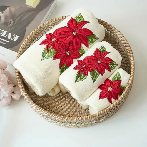 Decoración de Navidad de Marina, lujo premium ultra suave, 100% algodón bordado, juego de toallas de baño moderno de 3 piezas, rojo con base de
