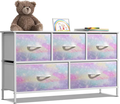 Miniatura 9 de Sorbus Cómoda Infantil con 5 Cajones - Unidad Organizadora de Almacenamiento con Marco de Acero, Parte Superior de Madera, Cajones de Tela Fáciles