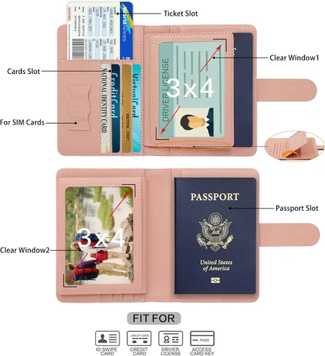 Miniatura 3 de Soporte para pasaporte y tarjetero de vacunación, para mujer, soporte para pasaporte RFID con ranura para tarjeta de vacuna, impermeable, funda