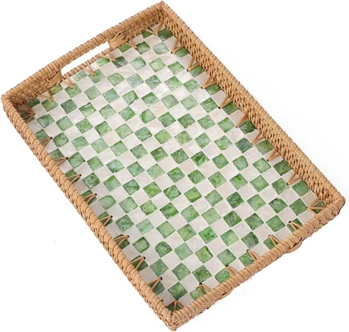 Miniatura 14 de Bandeja rectangular de ratán con incrustaciones de madreperla, bandeja de ratán con asa para café, pan, frutas, aperitivos, bandeja decorativa