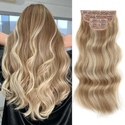 Miniatura 19 de Extensiones de cabello con clip de Vigorous de 20 pulgadas, con reflejos rubio playa, extensiones de cabello ondulado largo y suave de cabello