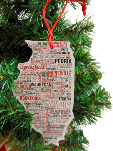 Miniatura 2 de Adorno de madera para árbol de Navidad de Illinois con nombres de ciudades