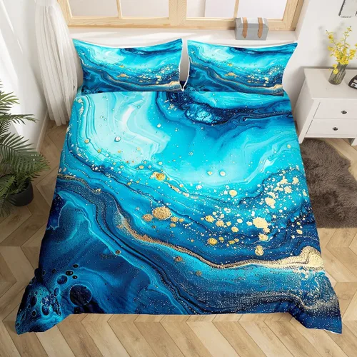 Miniatura 4 de Funda de edredón de mármol azul tamaño King, juego de ropa de cama de mármol colorido líquido abstracto, arco iris, funda de edredón de arena