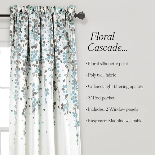 Miniatura 6 de Lush Decor Weeping Flower - Paneles de cortina para ventana con filtro de luz, par, 52 pulgadas de ancho x 63 pulgadas de largo + cabecera de 2 Azul
