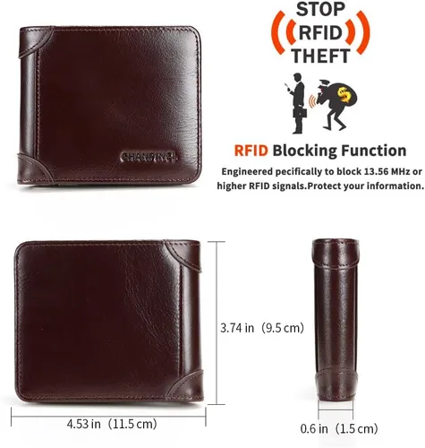 Miniatura 27 de Billetera de piel triple con bloqueo RFID para hombre con 2 ventanas de identificación, 2 compartimentos para efectivo, 6-8 ranuras para tarjetas