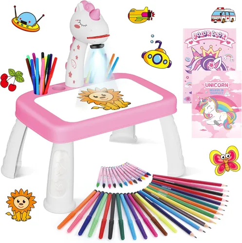 Proyector de dibujo para niños, arte y manualidades, tablero de dibujo con bolígrafos de color, lápices, crayones, álbum de recortes, libro de