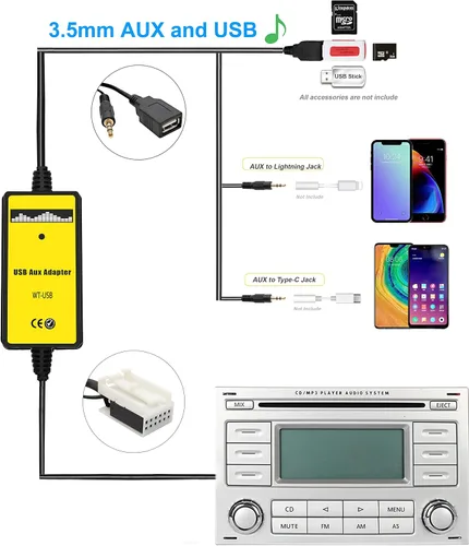 Miniatura 2 de Adaptador AUX, cable USB y AUX estéreo para automóvil, cambiador de CD MP3 compatible con VWAudi 12pin A3 2008-2010, A4/S4 2007-2009, para Beetle