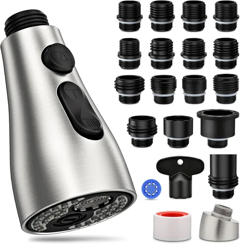 Cabezal de repuesto para grifo de cocina, 3 modos con 17 adaptadores, cabezal rociador desplegable para grifo de cocina, cabezal de grifo de Níquel