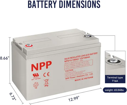 Miniatura 2 de NPP NPD12-100Ah (T16A, 2 piezas) Batería AGM SLA de ciclo profundo de 12 voltios, 12 V, 100 Ah, batería de ciclo profundo de 1200 amperios