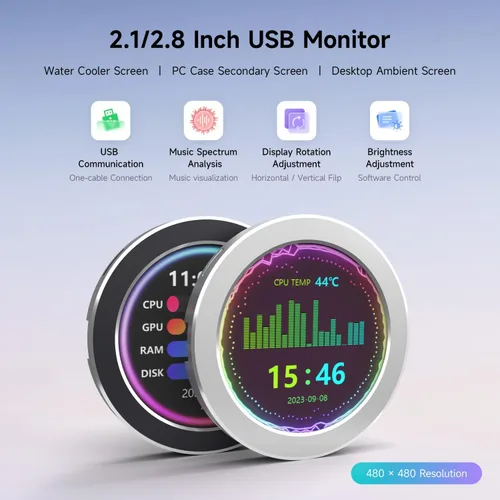 Miniatura 3 de Waveshare Pantalla LCD redonda de 2.8 pulgadas, CPU/GPU, monitor de temperatura de computadora AIO para sistemas de refrigeración por agua, piezas