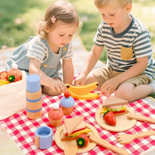 Miniatura 4 de PairPear Juego de comida de juguete de madera para la cocina de los niños, 32 piezas de juguetes de simulación, juego de picnic con bolsa