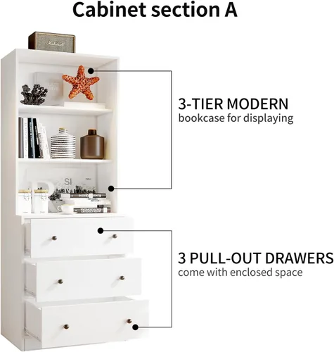 Miniatura 3 de VOWNER Archivador vertical, estantería moderna de 3 niveles con 3 cajones grandes, archivador de madera con estante de almacenamiento abierto