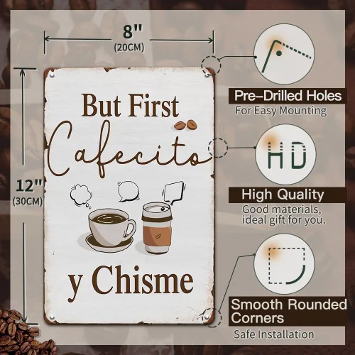 YOYI ART Cartel divertido de cafecito – But First, letrero rústico de metal vintage para estación de café, decoración de pared de cocina, regalo