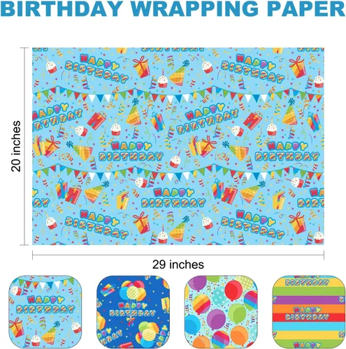 Miniatura 7 de PlandRichW Papel de regalo de cumpleaños, 4 divertidos diseños de fiesta, globos, arcoíris, cupcakes, confeti, plegado de 20 x 29 pulgadas, 12
