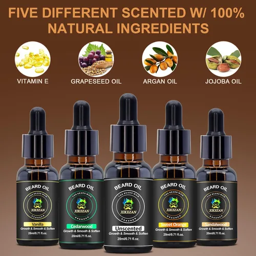 Miniatura 2 de XIKEZAN Paquete de 5 Aceites para Barba con Madera de Sándalo, Naranja, Vainilla, Cedro, Sin Fragancia para el Cuidado de la Barba, Hidratación