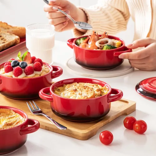 Miniatura 6 de LOVECASA Set Mini Cocotte, platos pequeños de cacerola de 12 oz con tapas, tazones de sopa con asas, ramequines de horneado individuales, aptos