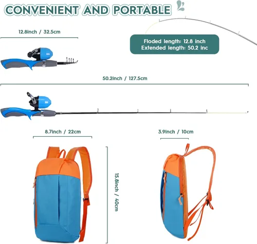 Miniatura 2 de Urban Deco Kit de caña de pescar para niños, 2 unidades, caña de pescar telescópica portátil para niños con caja de aparejos, 2 redes de pesca y 2