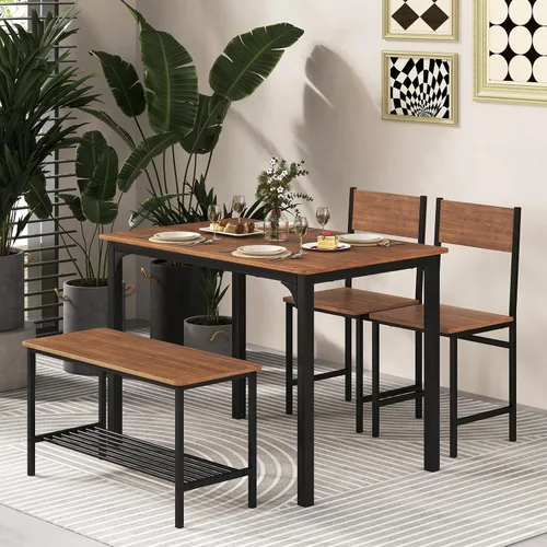 Miniatura 7 de COSTWAY Dining Table Set for 4, Space-Saving Dining Room Table with Bench and 2 Chairs, Storage Rack & Anti-Slip Foot Pads, Industrial Kitchen Table