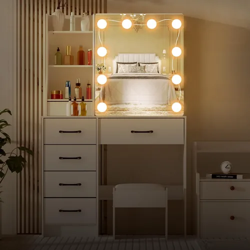 Miniatura 6 de Escritorio de tocador con espejo LED deslizante, mesa de maquillaje blanca con 6 cajones, 4 estantes de almacenamiento y taburete, 3 modos