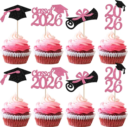 Miniatura 55 de Rsstarxi Paquete de 24 adornos para cupcakes de graduación 2026, con purpurina azul, para la clase de 2026, para diplomas, 24 piezas (6 diseños)