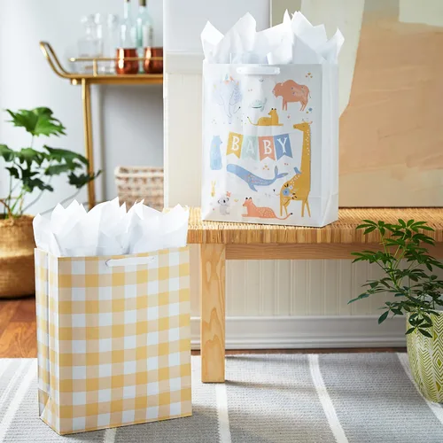 Miniatura 2 de Hallmark Bolsas de regalo extra grandes de 15 pulgadas con papel de seda (2 bolsas: Baby Animals, Yellow Gingham) para baby showers, primer