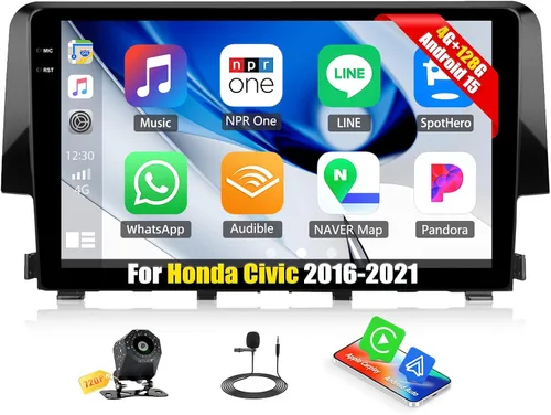 Android 15 4+128G Estéreo de coche para Honda Civic 2016-2021 con Carplay inalámbrico Android Auto, 9 pulgadas Incell 1280 * 720 Unidad principal de
