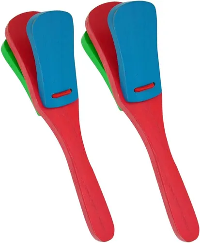 Juego de 2 castañuelas profesionales, juego individual con asa, castañuelas de madera, percusión musical educativa de 8 pulgadas (azul + rojo +