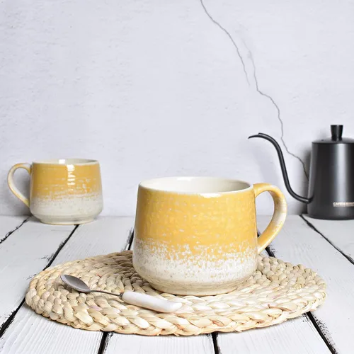 Miniatura 4 de Bosmarlin Juego de 2 tazas grandes de cerámica para café con leche, 18 onzas, taza de té grande de cerámica amarilla para oficina y hogar, apta