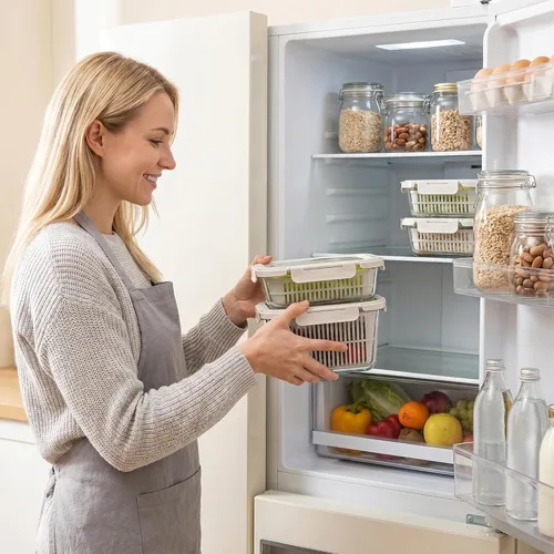 Miniatura 9 de GENICOOK Contenedores de almacenamiento de vidrio para refrigerador, paquete de 2 – Recipientes herméticos para frutas y verduras con coladores