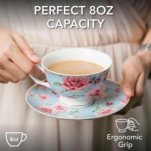 Miniatura 3 de BTaT - Juego de tazas de té y platillos florales, 8 onzas, juego de tazas de té de porcelana fina con ribete dorado para té de la tarde, bodas