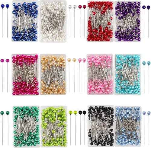 BLMHTWO 1200 alfileres de costura con cabeza de perla, alfileres rectos para coser con caja, alfileres de acolchado con cabeza de vidrio de bola de